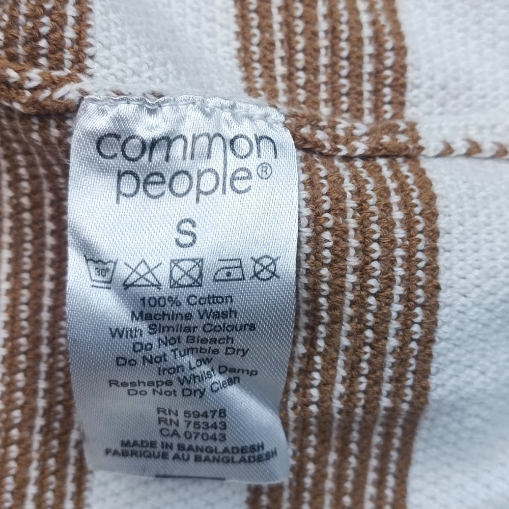 Common People Fry Knitted Polo Shirt Tan Brown Stripe Size S Cotton Preppy - Picture 3 of 9